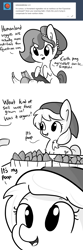 Size: 1280x3840 | Tagged: safe, artist:tjpones, oc, oc only, oc:brownie bun, oc:tater trot, species:earth pony, species:pony, horse wife, ask, chest fluff, comic, dialogue, female, food, grayscale, mare, monochrome, potato, simple background, toilet humor, tumblr, white background