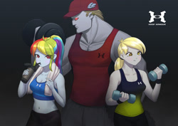 Size: 1228x868 | Tagged: safe, artist:agaberu, character:bulk biceps, character:derpy hooves, character:rainbow dash, my little pony:equestria girls, belly button, bottle, breasts, cleavage, clothing, drink, drinking, ear piercing, earring, exercise, female, jewelry, male, midriff, piercing, red eyes, shorts, simple background, sports bra, tank top, towel, under armor, under armour, water bottle, weights