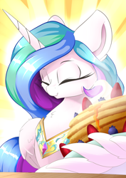 Size: 2480x3507 | Tagged: safe, artist:madacon, character:princess celestia, species:alicorn, species:pony, episode:a royal problem, g4, my little pony: friendship is magic, blueberry, cheerful, cute, cutelestia, eyes closed, female, food, kind, mare, multicolored hair, pancakes, peytral, scene interpretation, smiling, solo, strawberry, whipped cream, wing hands, wings