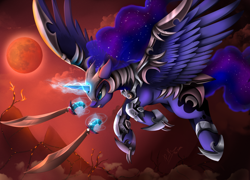 Size: 3262x2346 | Tagged: safe, artist:pridark, character:princess luna, species:alicorn, species:pony, armor, blood moon, commission, female, flying, mare, moon, protector, scimitar, solo, sword, warrior luna, weapon