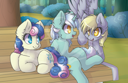 Size: 1530x990 | Tagged: safe, artist:sapphfyr, character:bon bon, character:derpy hooves, character:lyra heartstrings, character:sweetie drops, species:earth pony, species:pegasus, species:pony, species:unicorn, bench, cheek fluff, chest fluff, colored pupils, cute, ear fluff, female, fluffy, flying, looking at each other, mare, meme, prone, sitting, sitting lyra, smiling, spread wings, trio, watermark, wings