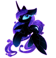 Size: 2017x2091 | Tagged: safe, artist:magnaluna, character:nightmare moon, character:princess luna, species:alicorn, species:pony, alternate design, cheek fluff, chest fluff, ear fluff, female, floppy ears, galaxy mane, high res, leg fluff, looking at you, mare, nightmare luna, prone, simple background, solo, transparent background, wings