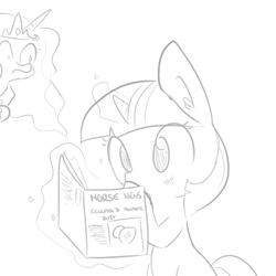 Size: 1280x1280 | Tagged: safe, artist:tjpones, character:princess celestia, character:twilight sparkle, species:alicorn, species:pony, species:unicorn, blushing, duo, grayscale, implants, levitation, magazine, magic, monochrome, shrunken pupils, simple background, telekinesis, this will end in tears and/or a journey to the moon, white background