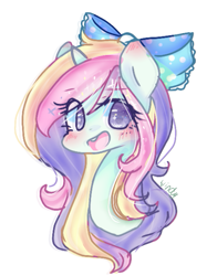 Size: 521x666 | Tagged: safe, artist:windymils, oc, oc only, oc:cindy sofia, species:pony, species:unicorn, blushing, bow, bust, hair bow, portrait, simple background, solo, white background