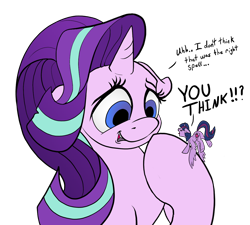 Size: 1200x1081 | Tagged: safe, artist:mr square, artist:tsitra360, character:starlight glimmer, character:twilight sparkle, character:twilight sparkle (alicorn), species:alicorn, species:pony, species:unicorn, colored, dialogue, eyes closed, flying, macro, micro, open mouth, shrunk, simple background, smiling, spread wings, tiny ponies, tongue out, transparent background, wings, yelling