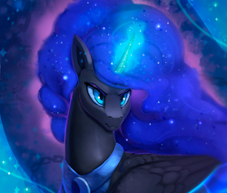 Size: 1000x849 | Tagged: safe, artist:rodrigues404, character:nightmare moon, character:princess luna, species:alicorn, species:pony, color porn, female, glowing horn, mare, missing accessory, serious, serious face, solo
