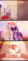 Size: 2344x4987 | Tagged: safe, artist:magnaluna, character:princess celestia, character:twilight sparkle, character:twilight sparkle (alicorn), oc, oc:nube, parent:princess celestia, parent:twilight sparkle, parents:twilestia, species:alicorn, species:pony, ship:twilestia, absurd resolution, baby, baby pony, canterlot, castle, comic, female, foal, lesbian, magical lesbian spawn, mare, next generation, offspring, shipping