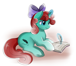Size: 2791x2426 | Tagged: safe, artist:pridark, oc, oc only, species:pony, species:unicorn, bow, commission, feather, female, hair bow, journal, levitation, magic, mare, pen, simple background, smiling, solo, telekinesis, white background, writing