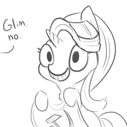 Size: 792x792 | Tagged: safe, artist:tjpones, character:starlight glimmer, species:pony, species:unicorn, calarts, chest fluff, communism, dialogue, flag, grayscale, grin, hammer and sickle, hoof hold, monochrome, offscreen character, s5 starlight, simple background, smiling, solo, soviet union, squee, stalin glimmer, thin-line style, this will end in communism, white background, wide eyes