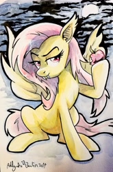 Size: 2184x3308 | Tagged: safe, artist:yulyeen, character:flutterbat, character:fluttershy, species:bat pony, species:pony, female, mare, race swap, solo, traditional art, watercolor painting