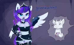 Size: 2230x1378 | Tagged: safe, artist:magnaluna, character:princess luna, oc, oc:zefiroth, species:alicorn, species:anthro, species:pony, alternate design, alternate universe, canon x oc, clothing, colored wings, crescent moon, crown, cup, cute, dress, ear fluff, exclamation point, female, floppy ears, galaxy mane, heart, jewelry, lunabetes, mare, moon, multicolored wings, regalia, teacup