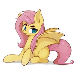 Size: 1000x1000 | Tagged: safe, artist:pinkieeighttwo, character:flutterbat, character:fluttershy, species:bat pony, species:pony, beanbrows, eyebrows, female, mare, prone, race swap, simple background, solo, white background