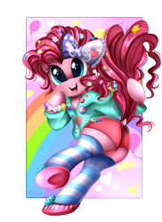 Size: 2550x3509 | Tagged: safe, artist:pridark, character:pinkie pie, species:earth pony, species:pony, clothing, cute, diapinkes, female, harajuku, mare, open mouth, shorts, socks, solo, striped socks, underhoof