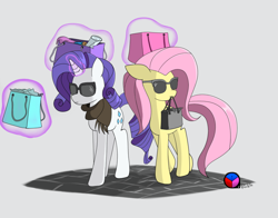 Size: 850x666 | Tagged: safe, artist:genericmlp, character:fluttershy, character:rarity, species:pony, clothing, magic, scarf, shopping, shopping bags, sunglasses