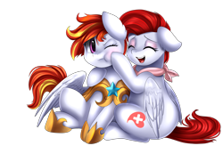 Size: 3509x2550 | Tagged: safe, artist:pridark, oc, oc only, oc:burning flare, oc:sunny flare, species:pegasus, species:pony, bandana, commission, cute, duo, eyes closed, eyeshadow, female, makeup, mare, mother and daughter, one eye closed, royal guard, simple background, smiling, transparent background