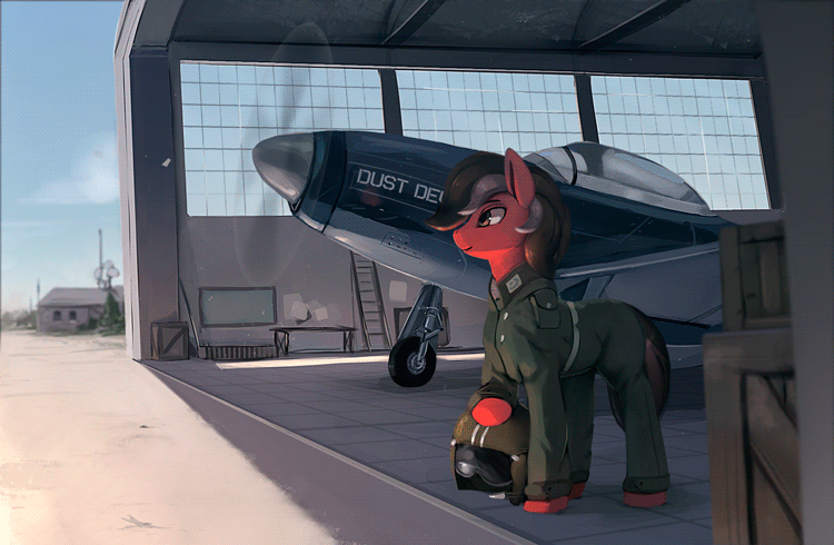 Size: 750x490 | Tagged: safe, artist:rodrigues404, oc, oc only, oc:dustbowl dune, species:pony, animated, cinemagraph, clothing, commission, day, flight suit, gif, hangar, male, p-51 mustang, plane, smiling, solo, stallion