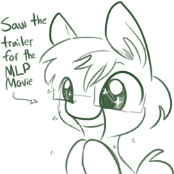 Size: 792x792 | Tagged: safe, artist:tjpones, oc, oc only, oc:tjpones, ponysona, species:earth pony, species:pony, arrow, clapping, cute, ear fluff, excited, glasses, grin, happy, hooves together, male, monochrome, ocbetes, reaction, simple background, sitting, smiling, solo, sparkles, squee, stallion, starry eyes, text, white background, wingding eyes
