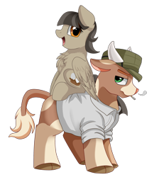 Size: 2550x2850 | Tagged: safe, artist:pridark, oc, oc only, species:pony, bull, cigarette, clothing, duo, hat, simple background, transparent background