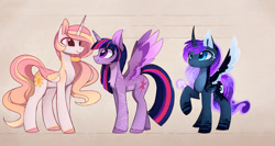 Size: 1280x680 | Tagged: dead source, safe, artist:magnaluna, character:princess celestia, character:princess luna, character:twilight sparkle, character:twilight sparkle (alicorn), species:alicorn, species:pony, alternate design, alternate universe, chest fluff, colored hooves, colored wings, colored wingtips, curved horn, ear fluff, female, galaxy mane, goddess, leg fluff, mare, pink-mane celestia, raised hoof, royal sisters, simple background, size comparison, smiling, swirly markings, trio, wing fluff