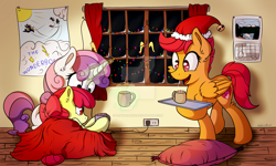 Size: 1280x768 | Tagged: safe, artist:sentireaeris, character:apple bloom, character:scootaloo, character:sweetie belle, species:earth pony, species:pegasus, species:pony, species:unicorn, blanket, calendar, chocolate, christmas, christmas lights, clothing, clubhouse, commission, crusaders clubhouse, cup, curtains, cutie mark crusaders, food, hat, holiday, hot chocolate, magic, mug, open mouth, pillow, poster, santa hat, serving tray, snow, telekinesis, watermark, window, winter, wonderbolts poster