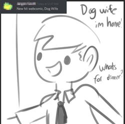 Size: 808x799 | Tagged: safe, artist:tjpones, species:dog, species:human, dialogue, dog wife, grayscale, monochrome, smiling, solo