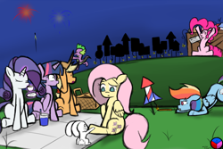 Size: 1280x853 | Tagged: safe, artist:genericmlp, character:angel bunny, character:applejack, character:fluttershy, character:pinkie pie, character:rainbow dash, character:rarity, character:spike, character:twilight sparkle, species:dragon, species:pony, 4th of july, basket, fireworks, holiday, magic, mane seven, mane six, mouth hold, picnic, picnic basket, rocket