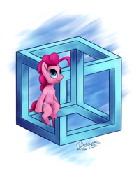 Size: 989x1287 | Tagged: safe, artist:insanerobocat, character:pinkie pie, species:earth pony, species:pony, cube, female, impossible cube, impossible geometry, impossible object, mare, modern art, optical illusion, pinkie being pinkie, pinkie logic, sitting, smiling, solo