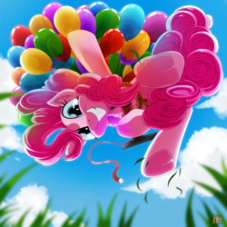 Size: 1500x1500 | Tagged: safe, artist:ruhisu, character:pinkie pie, species:earth pony, species:pony, balloon, cloud, floating, grass, grin, looking at you, looking down, sky, smiling, then watch her balloons lift her up to the sky, underhoof