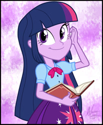 Size: 1749x2110 | Tagged: safe, artist:lunchie, artist:namygaga, character:twilight sparkle, equestria girls:rainbow rocks, g4, my little pony:equestria girls, adorkable, beautiful, book, clothing, cute, dork, end credits, female, looking at you, shine like rainbows, signature, solo, twiabetes