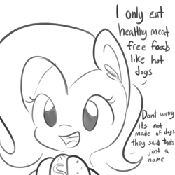 Size: 792x792 | Tagged: safe, artist:tjpones, character:fluttershy, species:pegasus, species:pony, blissful ignorance, dialogue, ear fluff, eating, food, grayscale, hot dog, innocent, meat, monochrome, painfully innocent fluttershy, ponies eating meat, sausage, simple background, solo, white background