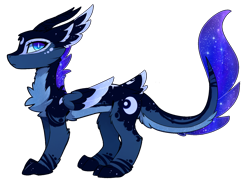Size: 1530x1104 | Tagged: dead source, safe, artist:magnaluna, character:princess luna, species:dragon, cheek fluff, chest fluff, colored wings, colored wingtips, dragoness, dragonified, ear fluff, female, fluffy, galaxy mane, horns, leg fluff, looking at you, looking back, lunadragon, paws, simple background, slit eyes, solo, species swap, transparent background, wing fluff