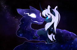 Size: 3344x2202 | Tagged: safe, artist:magnaluna, character:princess luna, oc, oc:zefiroth, species:alicorn, species:pony, canon x oc, chin fluff, colored wings, colored wingtips, curved horn, duo, ear fluff, female, leg fluff, looking at each other, mare, open mouth