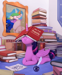 Size: 914x1100 | Tagged: safe, artist:rodrigues404, character:princess celestia, character:princess luna, character:twilight sparkle, character:twilight sparkle (alicorn), species:alicorn, species:pony, g4, :i, book, book hat, bookhorse, crown, cup, cute, drinking, facebook, facebooking, female, horn impalement, i have done nothing productive all day, jewelry, luna is not amused, majestic as fuck, mare, ponyloaf, procrastination, prone, quill, regalia, royal sisters, silly, silly pony, tea, teacup, that pony sure does love books, twiabetes, unamused, you're doing it wrong