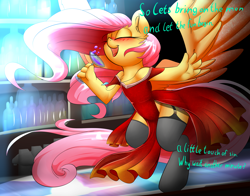 Size: 2800x2200 | Tagged: safe, artist:madacon, character:fluttershy, species:anthro, species:pegasus, species:pony, beverage, clothing, dialogue, dr jekyll and mr hyde, dress, drunk, drunkershy, eyes closed, female, garter belt, glass, mare, open mouth, semi-anthro, singing, solo, song reference