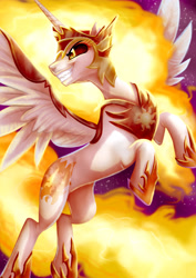 Size: 2480x3507 | Tagged: safe, artist:yulyeen, character:daybreaker, character:princess celestia, species:alicorn, species:pony, episode:a royal problem, g4, my little pony: friendship is magic, armor, female, mane of fire, mare, profile, rearing, solo, spread wings, wings