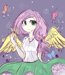 Size: 766x882 | Tagged: safe, artist:windymils, character:fluttershy, my little pony:equestria girls, butterfly, clothing, colored, female, ponied up, sketch, skirt, skirt lift, solo, tank top