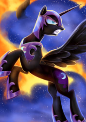 Size: 2480x3507 | Tagged: safe, artist:yulyeen, character:nightmare moon, character:princess luna, species:alicorn, species:pony, armor, fangs, female, fire, helmet, looking back, mare, solo