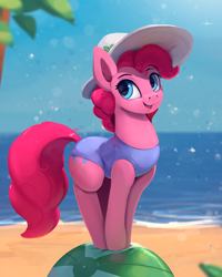 Size: 842x1050 | Tagged: safe, artist:rodrigues404, character:pinkie pie, species:earth pony, species:pony, beach, clothing, cute, diapinkes, female, hat, looking at you, mare, one-piece swimsuit, palm tree, smiling, solo, sun hat, swimsuit, tree, water