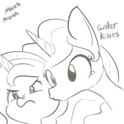 Size: 1650x1650 | Tagged: safe, artist:tjpones, character:princess celestia, character:princess luna, species:alicorn, species:pony, cute, cutelestia, descriptive noise, duo, female, filly, kiss on the cheek, kissing, luna is not amused, lunabetes, monochrome, mwah, nose wrinkle, royal sisters, scrunchy face, siblings, sisterly love, sisters, sketch, tjpones is trying to murder us, woona, younger