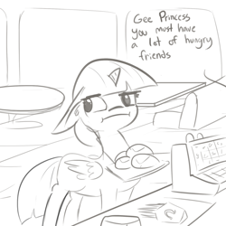 Size: 1650x1650 | Tagged: safe, artist:tjpones, character:twilight sparkle, character:twilight sparkle (alicorn), species:alicorn, species:pony, :i, burger, cash register, dialogue, ear fluff, fast food, floppy ears, food, french fries, grayscale, looking away, monochrome, restaurant, simple background, solo, tablet, that pony sure does love burgers, tray, twilight burgkle, twilight is not amused, unamused, white background