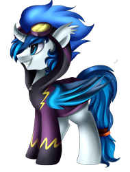 Size: 1928x2543 | Tagged: safe, artist:pridark, oc, oc only, oc:sparky storm, species:alicorn, species:bat pony, species:pony, bat pony alicorn, bat pony oc, clothing, commission, costume, goggles, male, shadowbolts costume, simple background, solo, transparent background