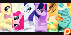 Size: 2944x1445 | Tagged: safe, artist:lilapudelpony, character:applejack, character:fluttershy, character:pinkie pie, character:rainbow dash, character:rarity, character:twilight sparkle, bedroom eyes, blushing, looking at you, mane six, patreon, patreon logo, wallpaper