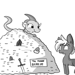 Size: 1280x1280 | Tagged: safe, artist:tjpones, oc, oc only, oc:dragon wife, oc:treasure trotonopolis, species:dragon, species:earth pony, species:pony, horse wife, coin, cute, dollar sign, dragon hoard, dragoness, ear fluff, female, gold, grayscale, hoard, jewelry, male, mattress, monochrome, simple background, single panel, stallion, sweat, sword, this will end in bankruptcy, treasure, weapon, white background
