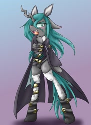 Size: 1200x1650 | Tagged: safe, artist:azurepicker, character:queen chrysalis, species:anthro, species:changeling, species:unguligrade anthro, arm hooves, bipedal, black underwear, bravely default, cape, changeling queen, clothing, female, gradient background, hoof hands, looking at you, open mouth, raised hoof, semi-anthro, simple background, solo, underwear, vampire