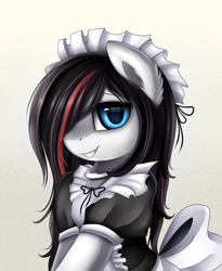Size: 1446x1764 | Tagged: safe, artist:pridark, oc, oc only, oc:whisper quill, species:earth pony, species:pony, bust, clothing, commission, cute, female, hair over one eye, maid, mare, portrait, solo