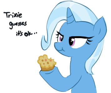 Size: 355x298 | Tagged: safe, artist:millioncookies, character:trixie, species:pony, species:unicorn, animated, bubbly friendship, chewing, dialogue, eating, food, gif, muffin, simple background, solo, transparent background, vector