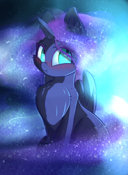 Size: 2295x3125 | Tagged: safe, artist:madacon, character:nightmare moon, character:princess luna, species:alicorn, species:pony, blushing, chest fluff, color porn, cute, female, filly, grumpy, mare, moonabetes, nightmare woon, sitting, solo