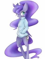 Size: 1200x1600 | Tagged: safe, artist:azurepicker, character:princess luna, species:pony, bipedal, blushing, bottomless, clothing, female, jacket, mare, partial nudity, semi-anthro, simple background, solo, standing
