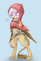 Size: 1000x1500 | Tagged: safe, artist:azurepicker, character:gilda, species:griffon, clothing, female, hood, one eye closed, semi-anthro, simple background, solo, standing, wink