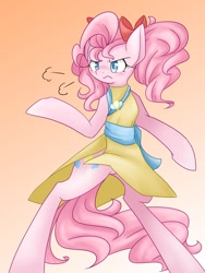 Size: 1200x1600 | Tagged: safe, artist:azurepicker, character:pinkie pie, bipedal, clothing, dress, female, gradient background, semi-anthro, solo, standing